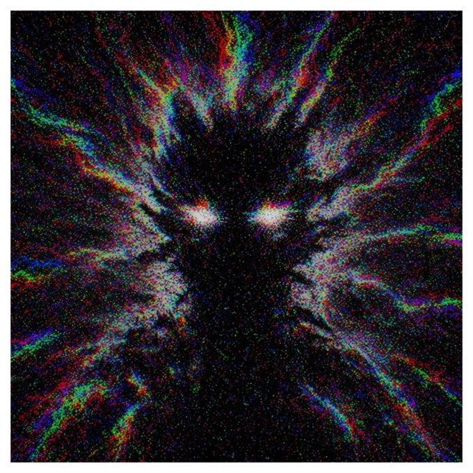An abstract, grainy image showing two glowing white points of light surrounded by colorful, radiating streaks of red, blue, green, and purple against a black background.