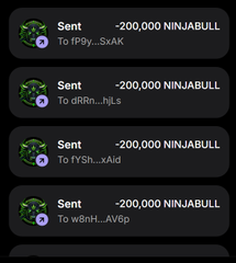 A series of transaction notifications showing 200,000 $NINJABULL sent to various Solana (SOL) wallet addresses, visually illustrating the airdrop distribution described in the post where participants receive tokens by submitting their wallet addresses.