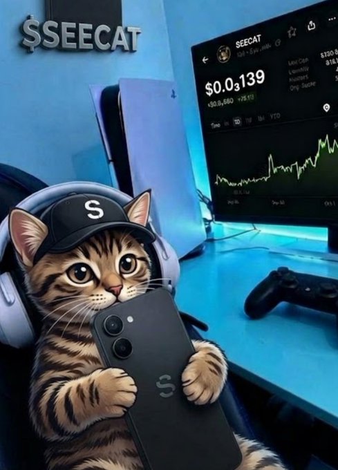 A digital illustration shows a tabby cat wearing a black cap with an 'S' logo and headphones, holding a smartphone, with the text '$SEECAT' at the top and a stock chart showing a price of $0.03139 on a monitor in the background.