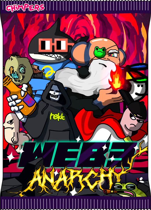 A 'CHIMPERS' NFT promotional poster featuring cartoon characters with 'WEB3 ANARCHY' text in stylized yellow flame font.