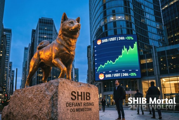 A bronze Shiba Inu statue inscribed 'SHIB DEFIANT RISING OG MEMECOIN' stands in a city plaza, with a billboard behind it showing a chart labeled 'SHIB/USDT 24H: +35%' and 'SHIB Mortal' text.