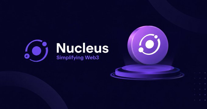 A purple-themed banner featuring the Nucleus logo with the tagline 'Simplifying Web3' displayed alongside a 3D circular emblem.