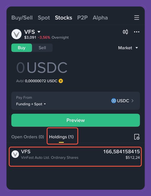 The image shows a window displaying information about a stock trading platform called "VFS". The main focus of this image is the screen with two options - Open orders and holdings - both displayed prominently against a black background. There are also several numbers, possibly representing the current value or change in value for the stock being discussed on the platform.