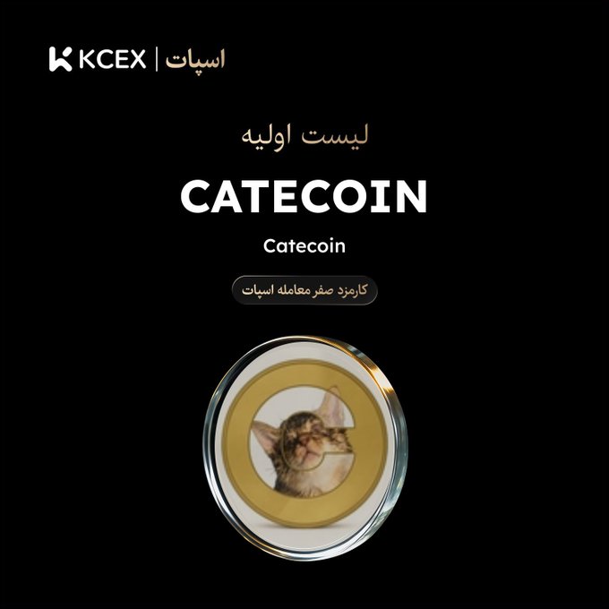 A promotional graphic for KCEX exchange featuring 'CATECOIN' (Catcoin) as a zero-age meme coin, with text in Persian/Arabic script and a cat logo on a gold coin.