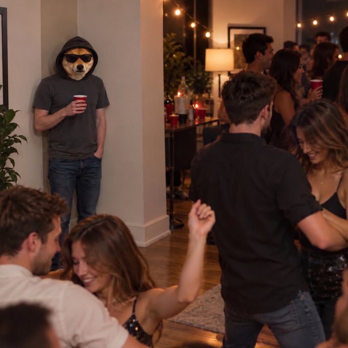 A person wearing a dog-print balaclava mask and a dark hoodie stands against a wall holding a red cup at a lively house party.