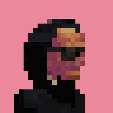 Pixel art portrait of a dark-skinned character with black hair on a pink background.