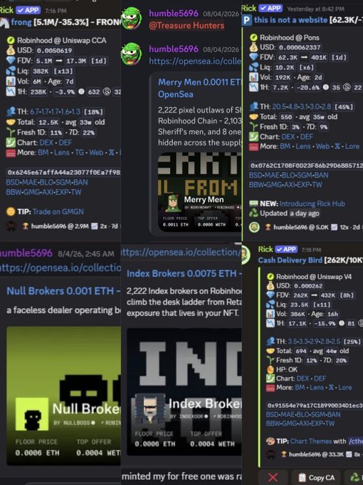 Screenshots from a Discord or Telegram channel showing NFT listings by 'humble5696' including 'FRONT FROM', 'Merry Men', and 'Null Brokers' collections.