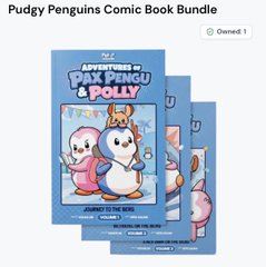 A promotional image for a "Pudgy Penguins Comic Book Bundle" (Owned 1), showing three copies of "Adventures of Pudgy Pengu & Polly" featuring the cartoon penguins.