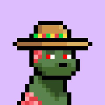 An 8-bit pixel art character depicting a green zombie-like creature wearing a sombrero, with red eyes and a red gash on its shoulder, set against a lavender background.