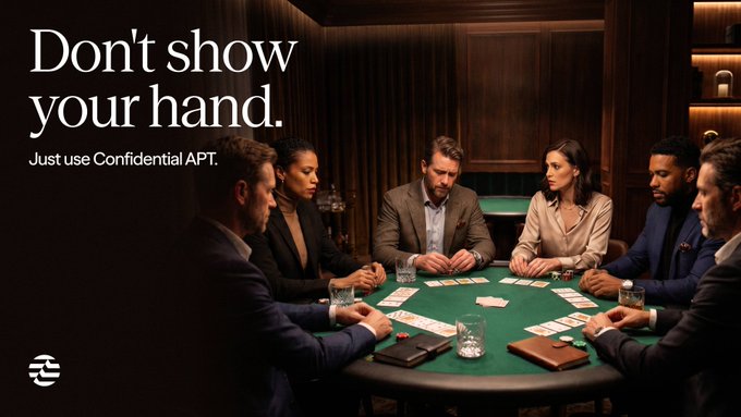 The image depicts a high-stakes poker game in a dimly lit, wood-paneled room with several players gathered around a green felt table. Bold white text on the left reads "Don't show your hand. Just use Confidential APT," directly tying into the post's warning about onchain transparency and promoting Confidential $APT as a private alternative.