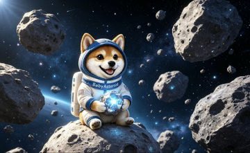 The image features a cute Shiba Inu dog wearing a spacesuit, sitting on a rock in outer space surrounded by numerous asteroids of various sizes. The dog appears to be enjoying its time in this unique environment, possibly as part of an advertisement or promotional material for a space-themed event or product.