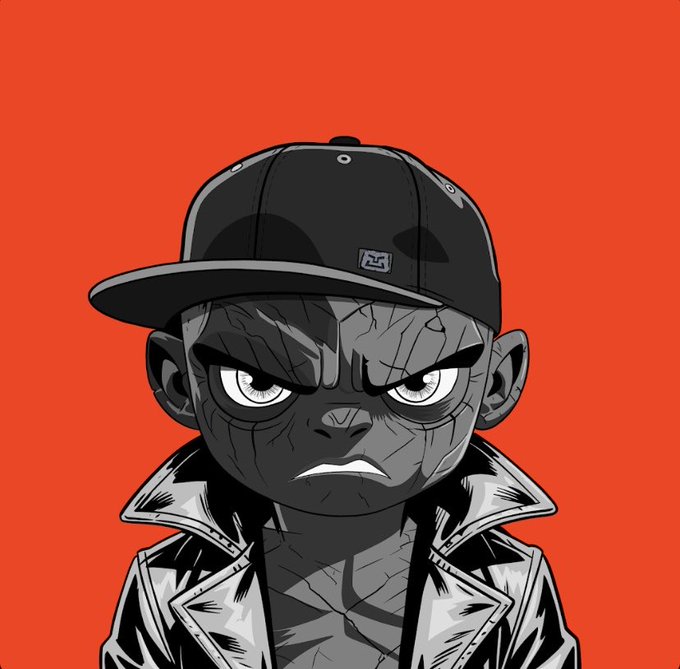 A stylized digital drawing of an angry-looking child with cracked, stone-like skin, wearing a black cap and jacket against an orange background.