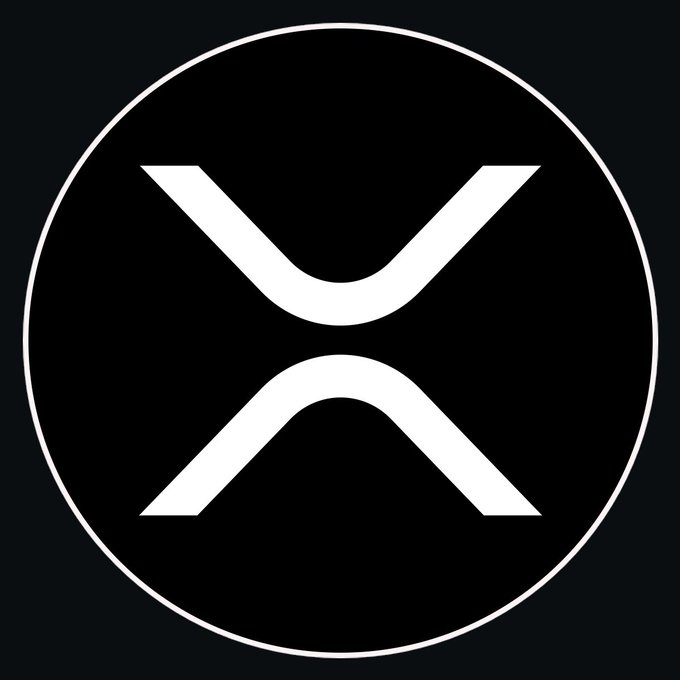 The image features a white XRP logo, which is a symbol for Ripple Cryptocurrency. It consists of two vertical lines intersecting each other within a circle. The logo is set against a black background, making it stand out prominently. The text "XRP" is written below the logo in white letters, indicating that this is a cryptocurrency associated with Ripple.