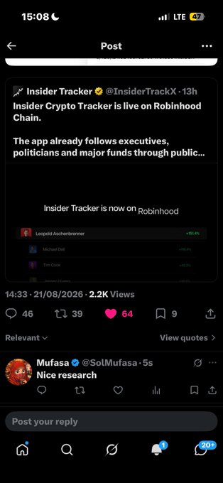 A mobile screenshot of an X (Twitter) post by 'Insider Tracker' (@InsiderTrackX) announcing that 'Insider Crypto Tracker is live on Robinhood Chain,' with a reply from @SoIMufasa saying 'Nice research.'