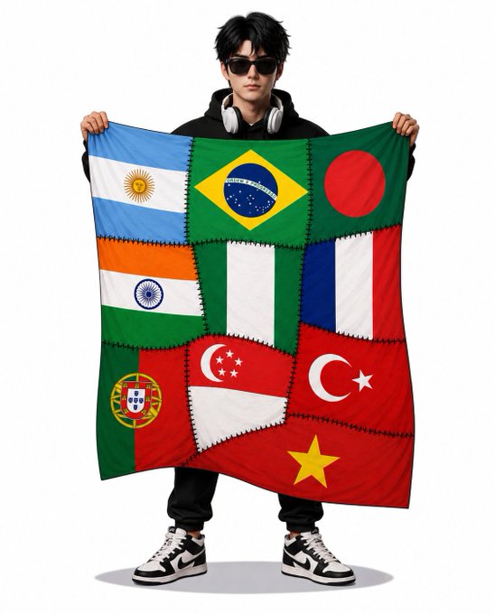 A young person wearing sunglasses and headphones holds up a large patchwork blanket featuring flags of various countries including Argentina, Brazil, Bangladesh, India, Portugal, France, Portugal, Turkey, Singapore, and Vietnam, symbolizing a global or international community. The image ties to the caption's teaser about an upcoming live event and Arc mainnet launch, with the diverse flags hinting at the worldwide reach and audience anticipation of the announcement.
