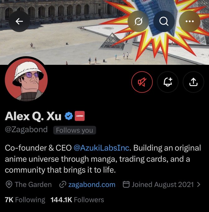 A Twitter/X profile screenshot showing "Alex Q. Xu" (@Zagabond) who is the Co-founder & CEO of @AzukiLabsInc, building an original anime universe through manga, trading cards, and a community; the profile shows 7K Following and 144.1K Followers with a header image of the Louvre.