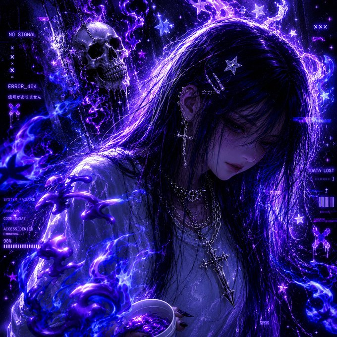 A dark anime-style digital illustration of a girl with long hair surrounded by purple flames, stars, and glitch effects, with system error text like 'NO SIGNAL', 'ERROR_404', and 'DATA LOST' overlaid.