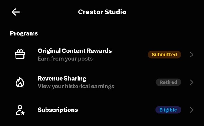 A mobile app screen for 'Creator Studio' showing Programs including Original Content Rewards (status: Submitted), Revenue Sharing (Retired), and Subscriptions (Eligible).