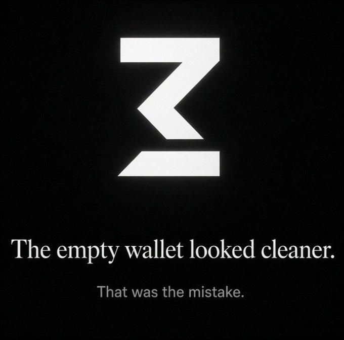 A minimalist black and white graphic featuring a stylized 'Z' logo with the text 'The empty wallet looked cleaner. That was the mistake.'