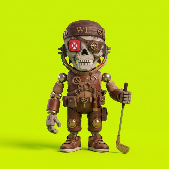 3D rendered character on a yellow-green background depicting a skeletal skull wearing a brown aviator cap labeled 'WIF', with steampunk-style leather gear, gears, and holding a golf club.