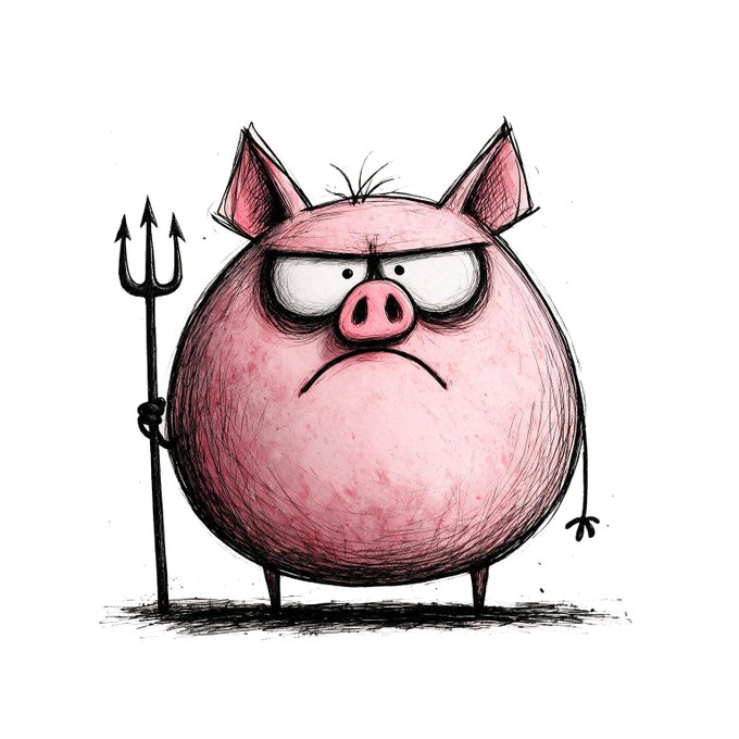 A hand-drawn sketch of a round, angry-looking pink pig with tufted hair holding a black trident.