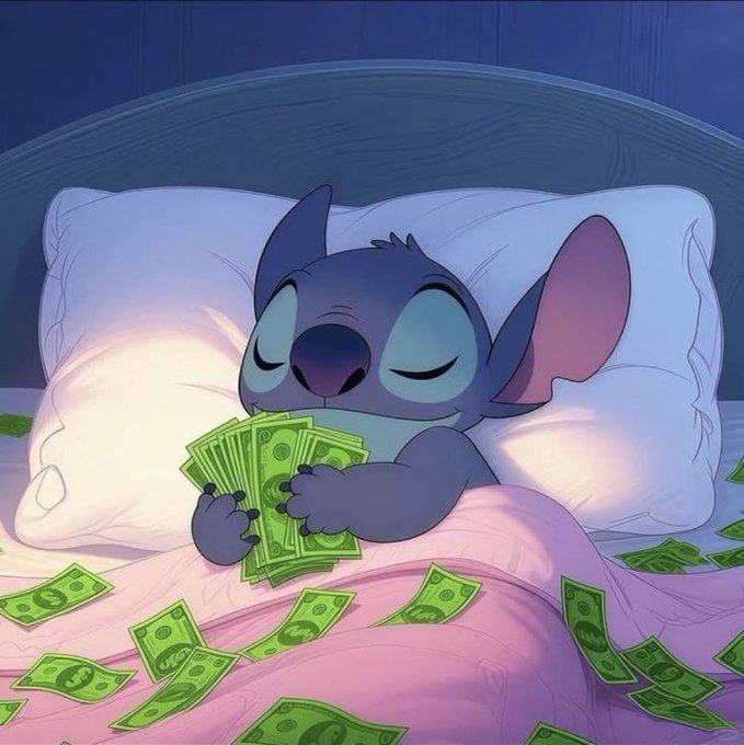 Digital art of Stitch from Lilo & Stitch sleeping peacefully in bed surrounded by scattered US dollar bills and clutching a fan of cash.