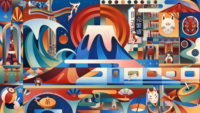 A vibrant, colorful Japanese-themed digital illustration featuring Mount Fuji, koi fish, foxes, masks, and the text '月夜の茶屋' (Moon Night Teahouse).