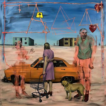 A surreal painting depicting a woman with a shopping cart, a man, a dog, and an orange car in a desolate landscape, framed by red hand-drawn lines.