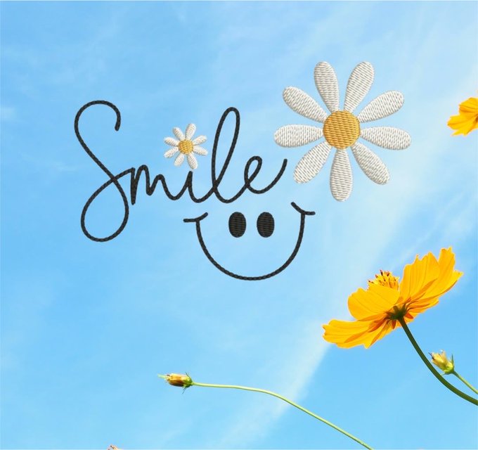 A cheerful design with a smiling face and the word 'Smile' written in cursive, accented by white and yellow daisies against a blue sky.
