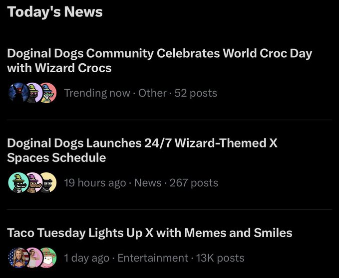 The image shows a social media post with four different posts displayed, each containing text about dogs. The first post is titled "Today's News" and has a caption that reads "Doginal Dogs Community Celebrates World Croc Day". The second post is titled "Trending now", which says "Tending now - Other: 52 posts". The third post is titled "Dogs launch 24/7 Wizard-Themed X Spaces Schedule 19 hours ago News: 2,267 posts". The fourth post is titled "Ediginal Dogs Launches 24/7 Wizard-Themed X Spaces Schedule 19 hours ago".