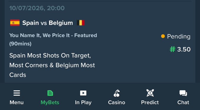 A screenshot from the Duelbits sportsbook showing a pending "You Name It, We Price It" bet on the Spain vs Belgium match at 10/07/2026, 20:00, where Spain leads in shots on target and corners while Belgium leads in cards, with odds of 3.50. The image aligns with the post showing the user sharing their active multi-stat prediction wager in the "MyBets" tab, inviting followers to follow along for potential payouts sent via SOL wallets.