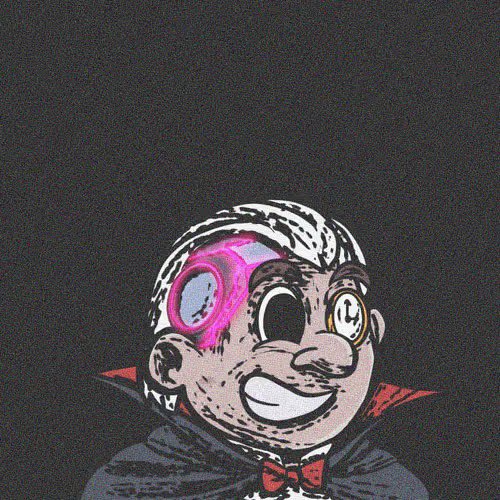 A pixel-art illustration of a smiling man with a monocle, pink neon hologram, and a red bowtie on a dark background.