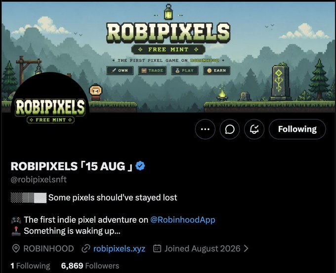 A Twitter/X profile for "ROBIPIXELS「15 AUG」" (@robipixelsnft) advertises itself as "THE FIRST PIXEL GAME ON ROBINHOOD" with a "FREE MINT" banner, despite the post suggesting the free mint claim is misleading or misleadingly promoted.