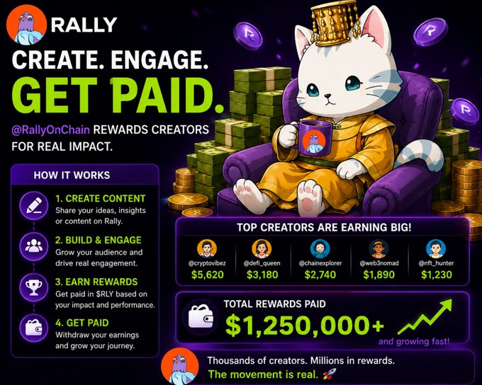 The image features a poster for a website called Rally, which promotes creator rewards creators. The poster includes a cartoon cat sitting on an armchair surrounded by stacks of money, symbolizing the prizes available for creators. The text on the poster encourages users to create content and engage with others in order to earn these rewards.