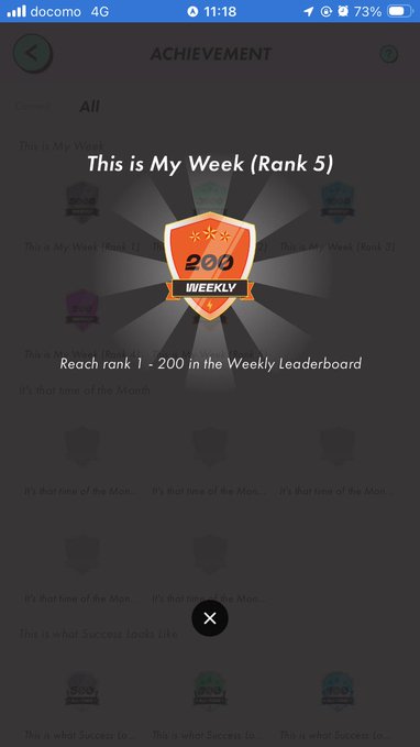 A mobile achievement screen showing "This is My Week (Rank 5)" with a 200 Weekly shield badge unlocked for reaching Rank 1-200 in the Weekly Leaderboard.