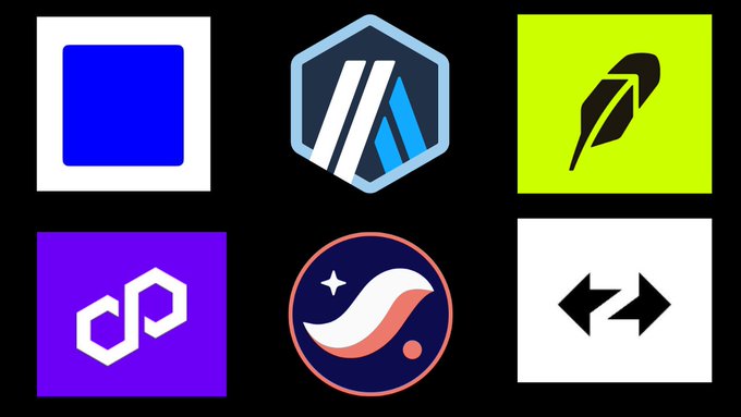 A grid of six app icons on a black background, including a blue square, a hexagonal logo with blue and white stripes, a yellow icon with a black feather, a purple icon with a white 'd' logo, a circular logo with a wave design, and a white icon with arrows.