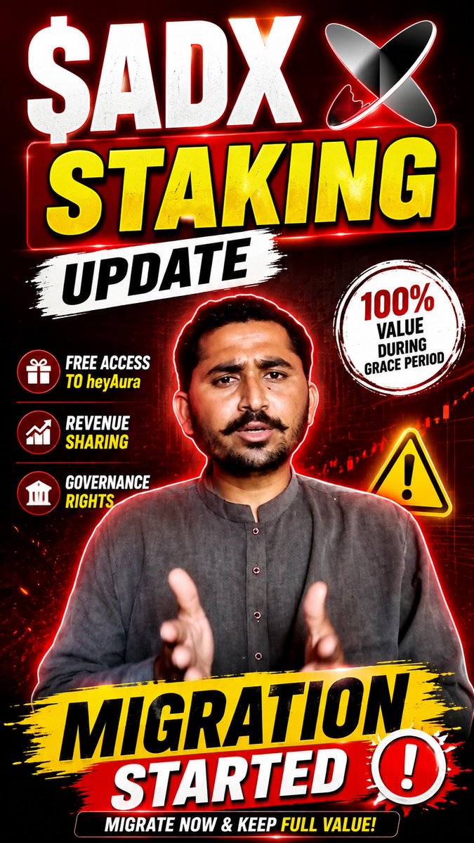 Thumbnail-style graphic titled '$ADX STAKING UPDATE' and 'MIGRATION STARTED,' featuring a man and listing benefits like 'FREE ACCESS TO heyAura,' 'REVENUE SHARING,' and 'GOVERNANCE RIGHTS.'