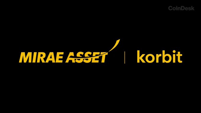 The image shows the logos of Mirae Asset and Korbit in gold/yellow against a black background, with the CoinDesk watermark in the top right corner. It visually represents the acquisition of a 97% stake in Korbit by South Korea's Mirae Asset Group, as described in the accompanying news announcement.