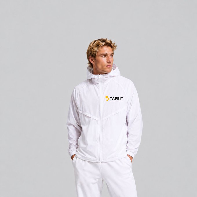 A blonde male model poses against a light grey background wearing a white hooded jacket featuring a yellow logo and the word 'TAPBIT' on the chest.