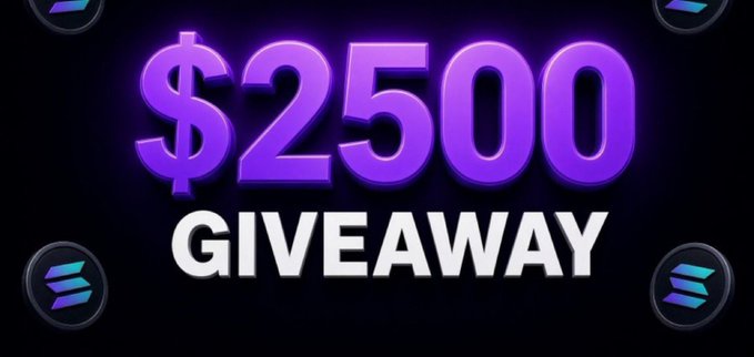 The image is a promotional graphic displaying "$2500 GIVEAWAY" in bold purple and white text against a dark background, flanked by Solana (SOL) logos in the corners. It visually represents the accompanying post announcing a Solana giveaway with 5 winners each receiving $500, requiring participants to join the Telegram channel, like and retweet, and comment "#novacallss" for entry.