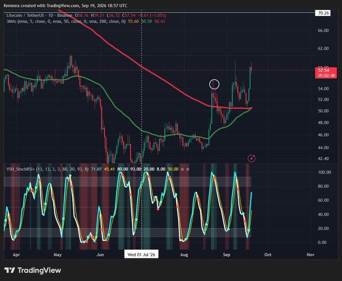 A TradingView chart shows the Litecoin / TetherUS (LTCUSDT) daily candle chart from Binance, with current price at 57.54 (+1.05%), displaying 3MAs and VSI_StochRSI indicators.