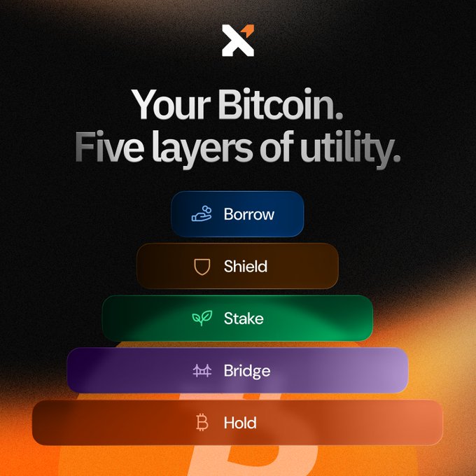 The image shows the X (formerly Twitter) logo above the text "Your Bitcoin. Five layers of utility," followed by a stacked pyramid graphic listing five functions: Borrow, Shield, Stake, Bridge, and Hold. The pyramid visually represents the post's message about layering utilities onto Bitcoin—starting with simply holding BTC at the base and building up to borrowing, shielding, staking, and bridging—illustrating how one asset can serve multiple financial purposes through a single vault.