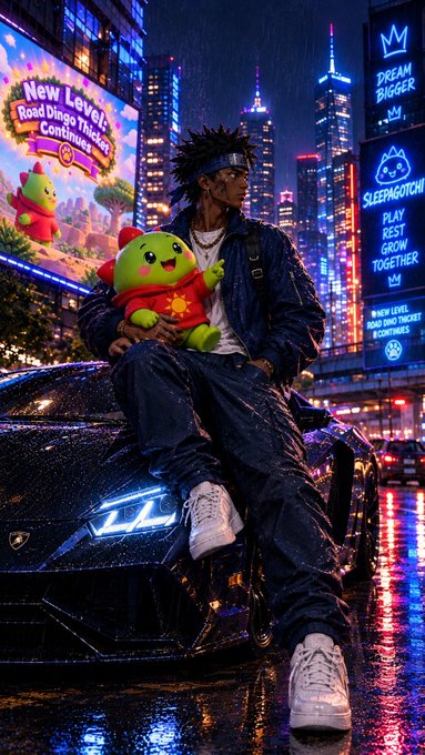 A vibrant cyberpunk-style illustration shows a person with dark spiky hair sitting on the hood of a black Lamborghini in a rainy neon-lit city at night, holding a green plush toy; visible signs read 'New Level', 'Road Dingo Ticket & Continues', 'DREAM BIGGER', and 'SLEEPMOTCHI PLAY REST GROW TOGETHER'.