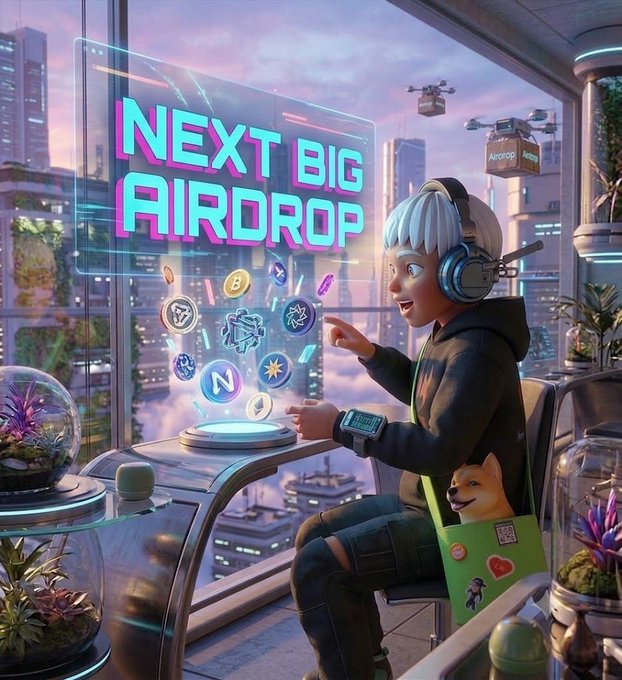 A young person with white hair and headphones sits at a futuristic desk interacting with a holographic display reading "NEXT BIG AIRDROP," surrounded by floating crypto project icons, while a Shiba Inu peeks out of their laptop bag—visually echoing the post's mention of farming upcoming airdrops from projects like MetaMask, Nansen, and OpenSea.