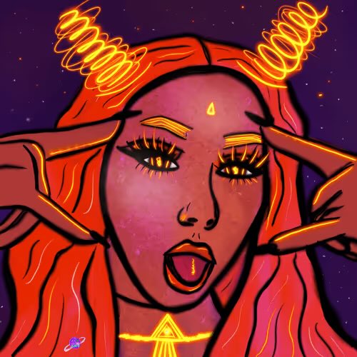 A vibrant digital illustration of a woman with glowing red-orange hair, dramatic yellow glowing eyes, spiral horns, and a triangle necklace, set against a purple starry background.