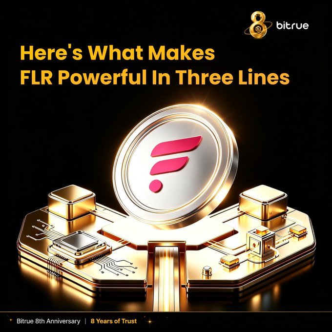 A Bitrue 8th Anniversary promotional graphic titled "Here's What Makes FLR Powerful In Three Lines," featuring a glowing Flare (FLR) token displayed atop a gold circuit board, with footer text reading "Bitrue 8th Anniversary | 8 Years of Trust." The image visually reinforces the post's message about FLR's core strengths: $FXRP liquidity, DeFi activation, and MEV generation through liquidations, arbitrage, and leverage—tied together by the tagline that FLR builds its own blocks, keeping data, capital, and computation within the network.