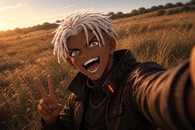 An anime-style illustration of a person with white dreadlocks making a peace sign while taking a selfie in a grassy field at sunset.