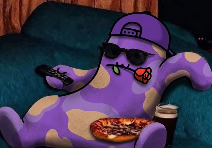 An illustrated purple spotted character wearing a backward cap, sunglasses, and holding a rose in its mouth lounges on a couch with a remote, pizza, and a drink.