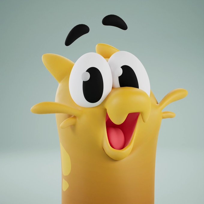 A close-up of a yellow, banana-like animated character with large eyes, eyebrows, and an open smiling mouth against a light blue background.
