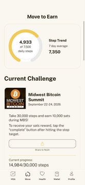 A Move to Earn fitness app screenshot showing a step trend of 4,933 of 7,500 daily steps with a current challenge called 'Midwest Bitcoin Summit' running September 22-24, 2026.